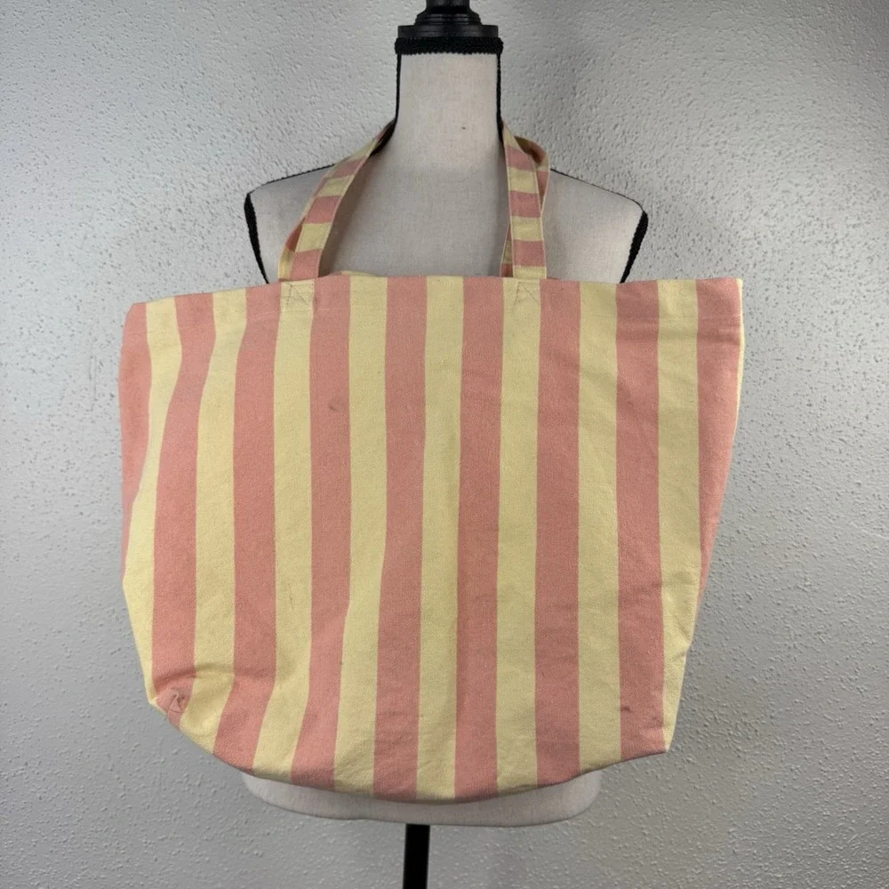 Bonjour New York Striped Yellow Pink Women's Canvas Tote Bag Beach Pool Travel